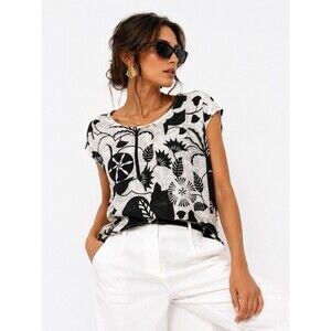 Nicole Miller 100% Linen Top Blouse Black White Floral Print Short Sleeve Size L